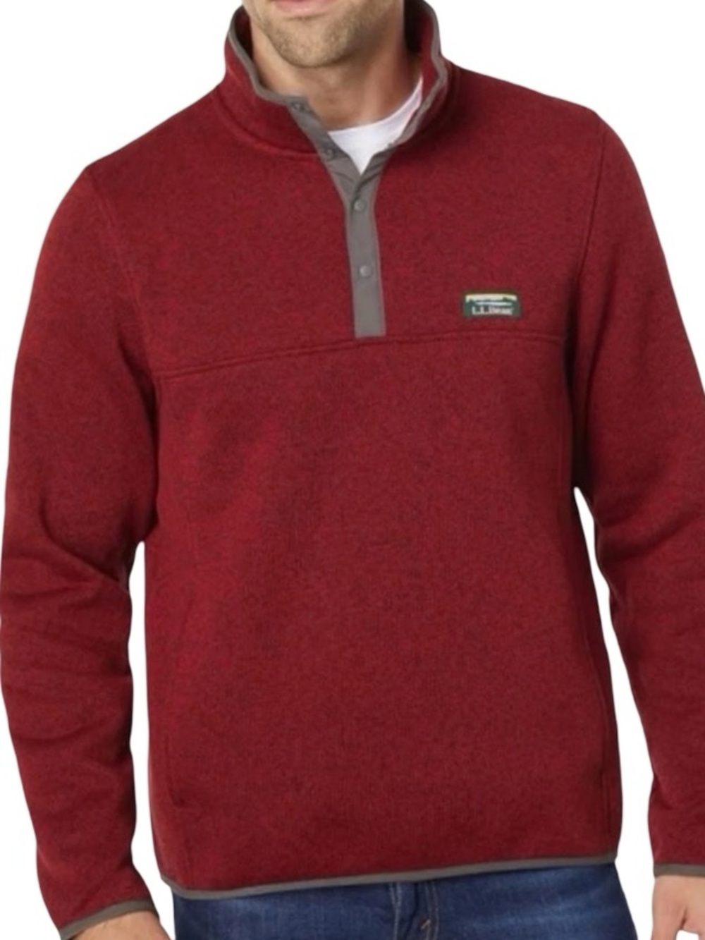 L.L.Bean Men's Sweater Fleece  Quarter Snap Pullover Logo Heather Red XXL